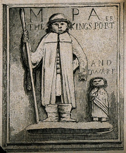 Relief of Jeffery Hudson, a dwarf, and Walter Parsons, a giant. Etching. Photo by Wellcome Images CC BY 4.0