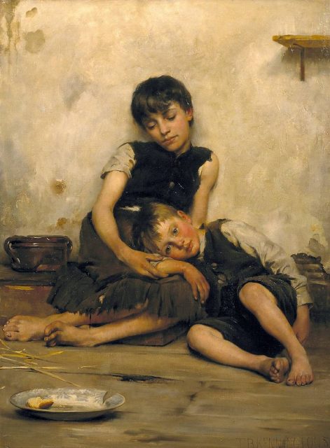 Orphans by Thomas Kennington, oil on canvas, 1885.