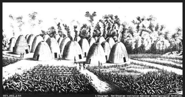 A sketch of a Wichita Indian village in the 19th century. The beehive shaped grass-thatched houses surrounded by corn fields are characteristic and appear similar to those described by Coronado in 1541.