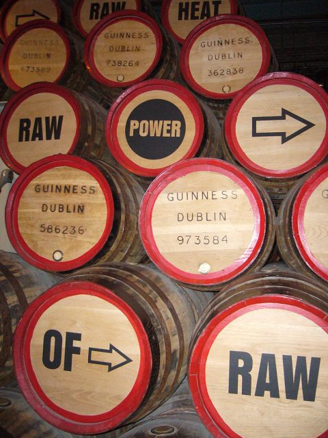 Wooden barrels in aa Guinnes storehouse. Photo by Sebb CC BY-SA 3.0