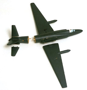 Wooden U-2 model – one of two used by Powers when he testified to the Senate Committee. The wings and tail are detached to demonstrate the aircraft’s breakup upon impact.