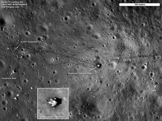 Apollo 17 landing site, photographed in 2011 by Lunar Reconnaissance Orbiter.