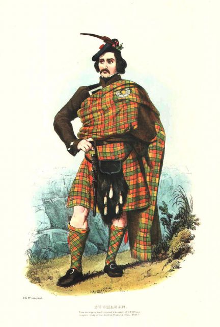 A romantic depiction of a clan Duine Uasal (pronounced Dunnie-wassal) illustrated by R. R. McIan, from James Logan’s The Clans of the Scottish Highlands, 1845.
