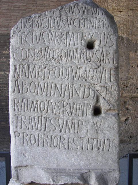 Rome Colosseum inscription. Photo by Wknight94 CC BY SA 3.0