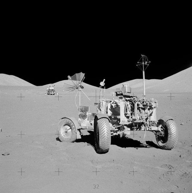 Apollo 17 lunar rover at its final resting place on the Moon. The Surface Electrical Properties (SEP) receiver is the antenna on the right-rear of the vehicle