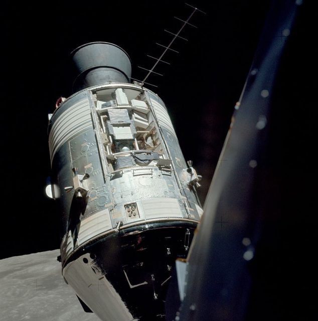 Apollo 17 SIM bay on the Service Module, seen from the Lunar Module in orbit around the Moon.