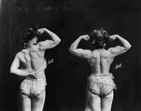 American vaudeville trapeze artist and strongwoman Charmion (Laverie Vallee) shows off her physique.