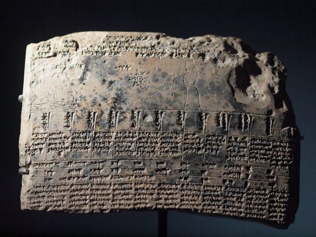 Zodiacal calendar of the cycle of the Virgo Clay tablet Seleucid period, end of 1st millennium BC, copy of an older original Warka, former Uruk, Southern Mesopotamia (Iraq). Photo by Applejuice – Own work CC BY-SA 4.0