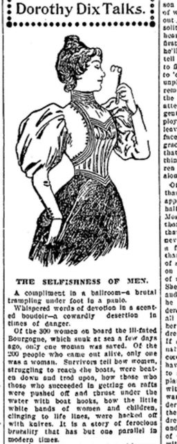 1898 column denouncing the selfishness of men in the Bourgogne Disaster.