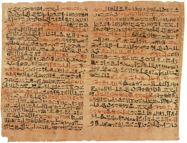 The Edwin Smith papyrus, the world’s oldest surviving surgical document. Written in hieratic script in ancient Egypt around 1600 BC, the text describes anatomical observations and the examination, diagnosis, treatment, and prognosis of 48 types of medical problems in exquisite detail.