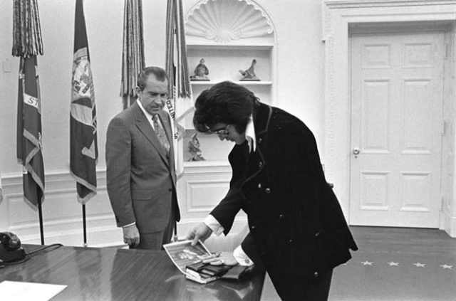 Elvis Presley meeting Richard Nixon. On December 21, 1970, at his own request, Presley met then-President Richard Nixon in the Oval Office of The White House.