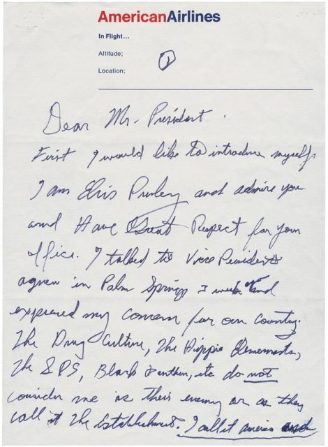 On the morning of December 21, 1970, Elvis Presley personally delivered a letter to the northwest gate of the White House. Written on American Airlines stationery, the five-page letter requested a meeting with President Nixon.