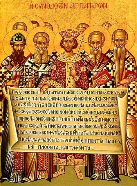 Emperor Constantine, accompanied by the bishops of the First Council of Nicaea (325), holding the Niceno–Constantinopolitan Creed.