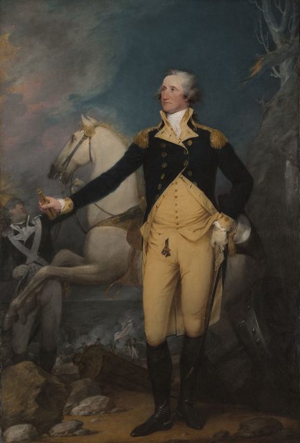 American General Washington surveys the area, white horse in the background, on the night before the Battle of Princeton.