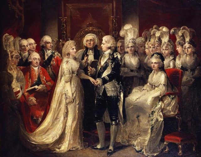The wedding of George, Prince of Wales, and princess Caroline of Brunswick officiated on April 8, 1795 in the Chapel Royal of St. James’s Palace, London.