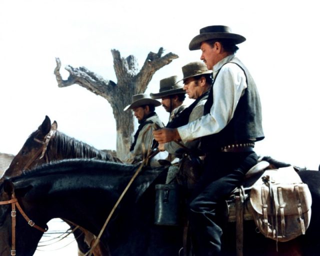 From right to left, William Holden as Pike Bishop, Ernest Borgnine as Dutch Engstrom, Warren Oates as Lyle Gorch, and Ben Johnson as Tector Gorch in the Sam Peckinpah Western ‘The Wild Bunch,’ 1969. Photo by Silver Screen Collection/Getty Images