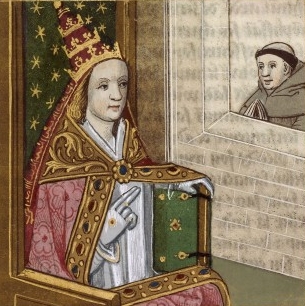 Illustrated manuscript depicting Pope Joan with the papal tiara. Bibliothèque nationale de France, c. 1560.