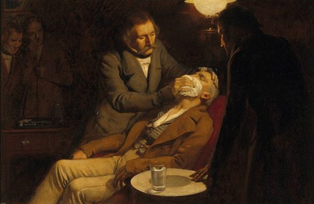 Illustration of the first use of ether as an anaesthetic in 1846 by the dental surgeon W.T.G. Morton.