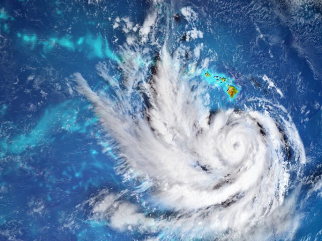 Hurricane Lane approaching Hawaii in August 2018. 3D illustration. Elements of this image furnished by NASA. 3D model of planet created and rendered in Cheetah3D software, 24 Aug 2018. URL of the source maps: https://visibleearth.nasa.gov/view.php?id=57752