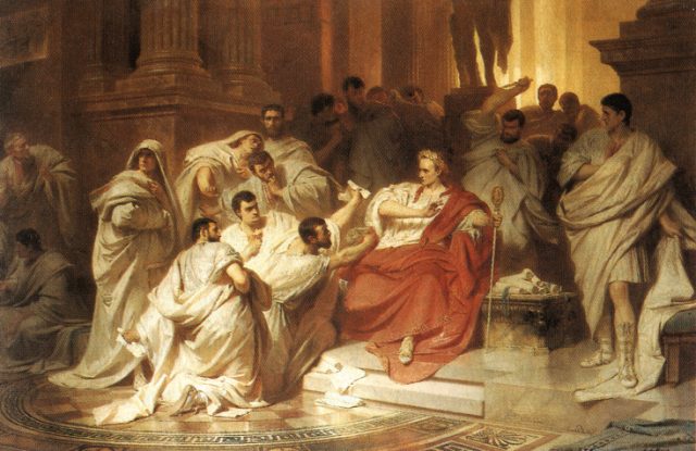 The senators encircle Caesar, a 19th century interpretation of the event by Carl Theodor von Piloty.