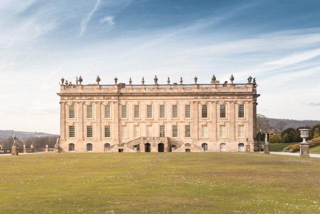 Chatsworth House front view. This Old European style house is a famous place for tourism located in the Peak District, England.
