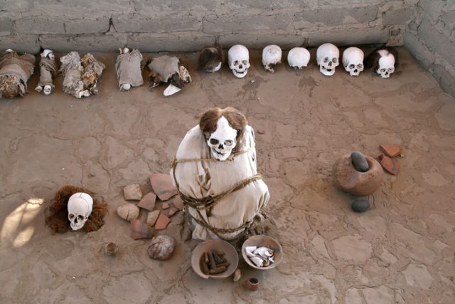 Nazca, Peru – July 24, 2011: The ancient mummies in the open cemetery in Chauchilla, Peru. The ancient cemetery was built in about 200 AD.