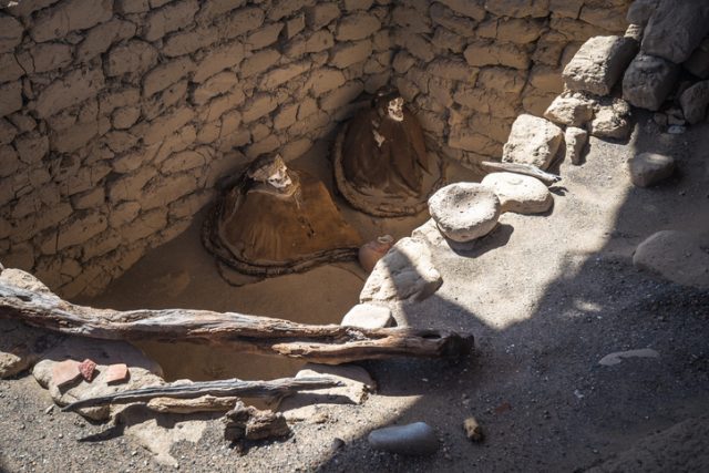 Chauchilla Cemetery with prehispanic mummies in Nazca desert, Peru.