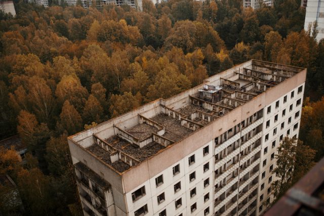 Aerial panorama view of Chernobyl exclusion zone with ruins of abandoned Pripyat city