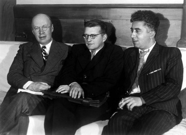 Left to right – Sergei Prokofiev, Shostakovich, Aram Khachaturian, 1945.