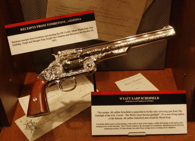 Wyatt Earp .44 caliber Schofield and receipts from Tombstone, Arizona displayed at the National Museum of Crime and Punishment. Photo by David CC BY 2.0