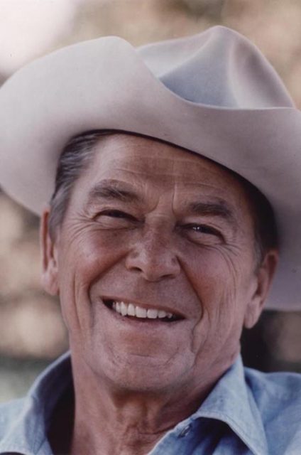 Reagan wearing cowboy hat at Rancho del Cielo, 1976.