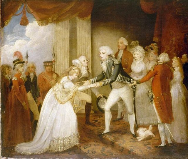 Princess Caroline Amalie of Brunswick-Wolfenbüttel, future Princess of Wales, is officially received by her future husband, George Prince of Wales, at Carlton House, London, 1795.