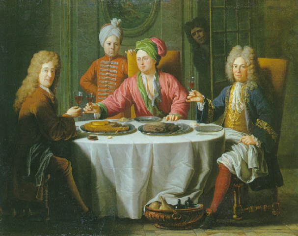 Reunion of gentlemen around a table in an interior, by Jacob van Schuppen