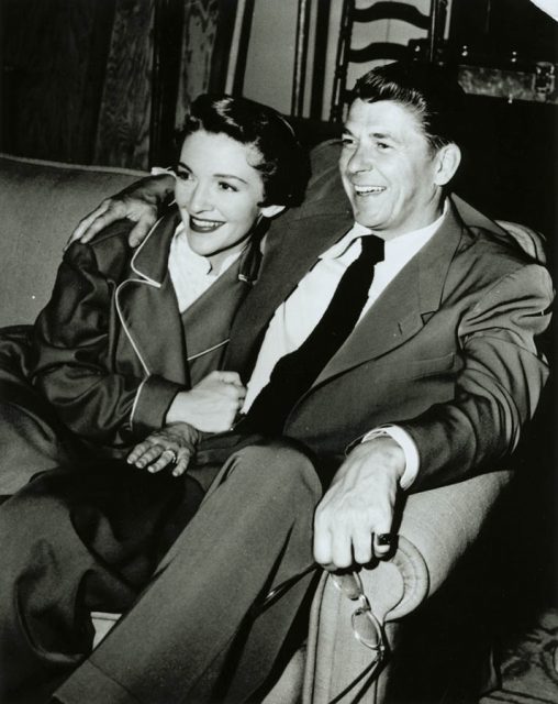 Ronald Reagan visiting Nancy Reagan on the set of her movie Donovan’s Brain, 1953.