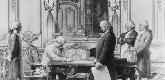Signing of the Treaty of Amity and Commerce and of Alliance between France and the United States by Charles E. Mills.