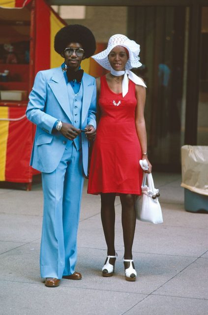 Well dressed couple, Michigan Avenue, Chicago, circa July 1975.