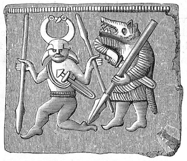 Woodcut of the image on the Vendel era helmet plate found on Öland, Sweden, depicting a weapon dancer followed by a berserker.