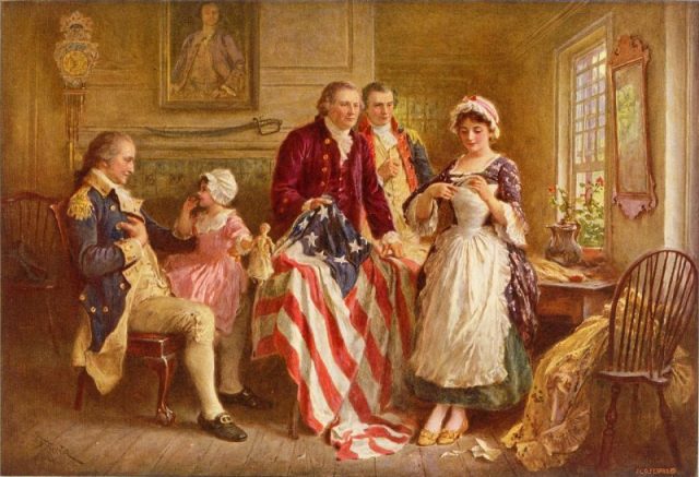 Betsy Ross 1777, a c. 1920 depiction by artist Jean Leon Gerome Ferris of Ross showing Gen. George Washington (seated, left), Robert Morris and George Ross how she cut the revised five-pointed stars for the flag.