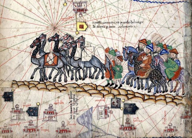 A close up of the Catalan Atlas depicting Marco Polo travelling to the East during the Pax Mongolica.