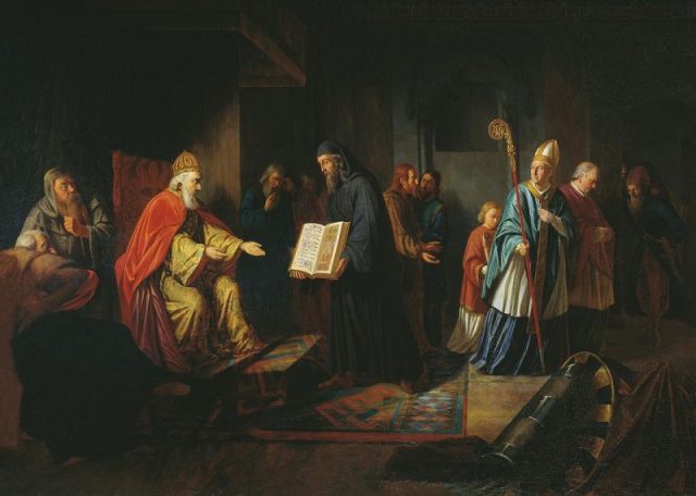 Ivan Eggink’s painting represents Vladimir listening to the Orthodox priests, while the papal envoy stands aside in discontent