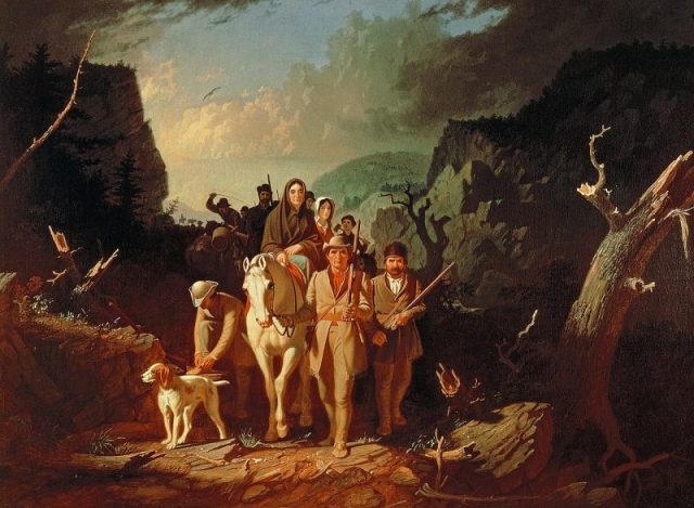 George Caleb Bingham’s Daniel Boone Escorting Settlers through the Cumberland Gap (1851–52) is a famous depiction of Boone.