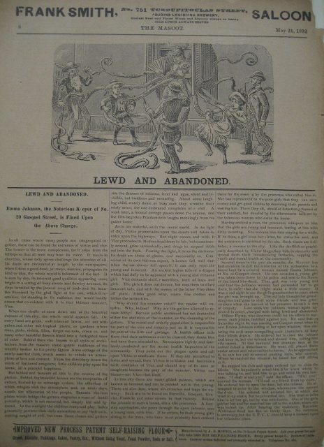 “Lewd and Abandoned.” Article about and caricature of notorious New Orleans prostitute Emma Johnson, from “The Mascot,” May 21, 1892.