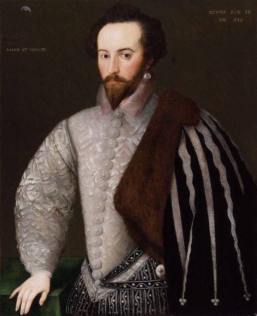 Portrait of Sir Walter Raleigh inscribed right: Aetatis suae 34 An(no) 1588 (“In the year 1588 of his age 34”) and left: with his motto Amore et Virtute (“By Love and Virtue”). National Portrait Gallery, London
