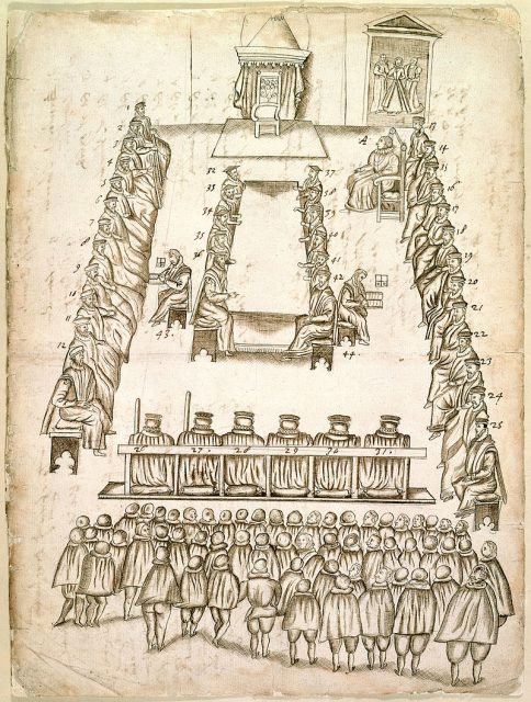 Drawing of the trial of Mary, Queen of Scots, October 14–15, 1586.