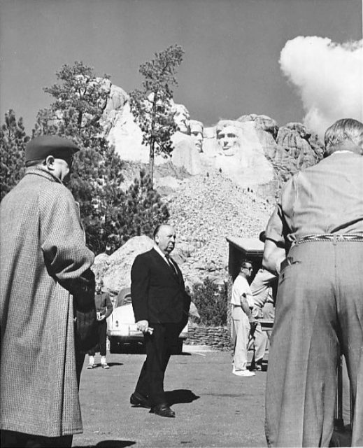 Alfred Hitchcock at Mount Rushmore during the filming of North By Northwest.