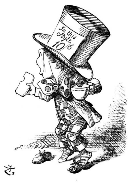 The Hatter enjoying a cup of tea and bread-and-butter, by Sir John Tenniel.