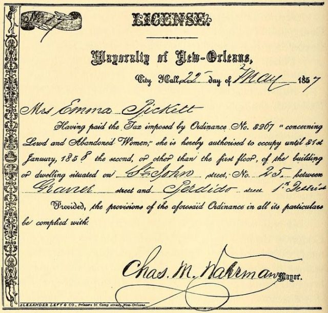Brothel License, May 22, 1857, New Orleans.