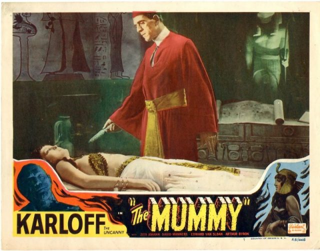 Colored lobby card for the 1932 film The Mummy, featuring Boris Karloff.