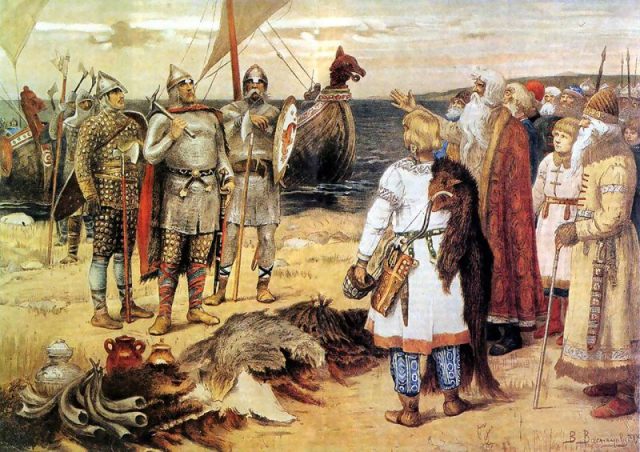 The Invitation of the Varangians by Viktor Vasnetsov: Rurik and his brothers Sineus and Truvor arrive at the lands of the Ilmen Slavs.