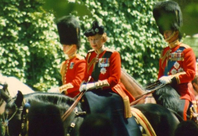 The Queen riding her horse Burmese, a gift to her from the Royal Canadian Mounted Police, at the 1986 Trooping the Colour ceremony.